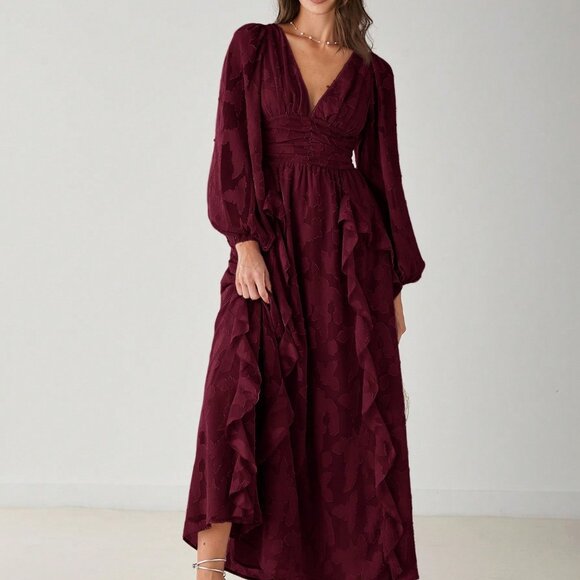 Burgundy Elegant Women's V-Neck Lantern Sleeve Flounce Hem Maxi Dress - Picture 4 of 8